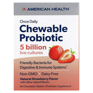 American Health, Один раз в день жевательный пробиотик, натуральная клубника, 5 млрд КОЕ, 60 жевательных таблеток  