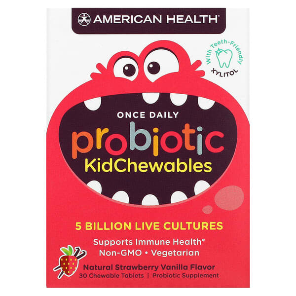American Health (أميريكن هيلث)‏, منتجات Probiotic الخاصة بالأطفال ، نكهة الفراولة والفانيليا الطبيعية ، 5 مليار من المزروعات الحية ، 30 قرصًا قابلًا للمضغ