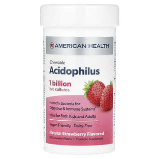 American Health, Acidophilus Mastigável, Morango Natural, 60 Wafers Mastigáveis