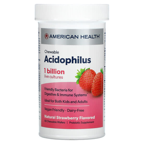 American Health, Chewable Acidophilus, Natural Strawberry, 60 Chewable Wafers