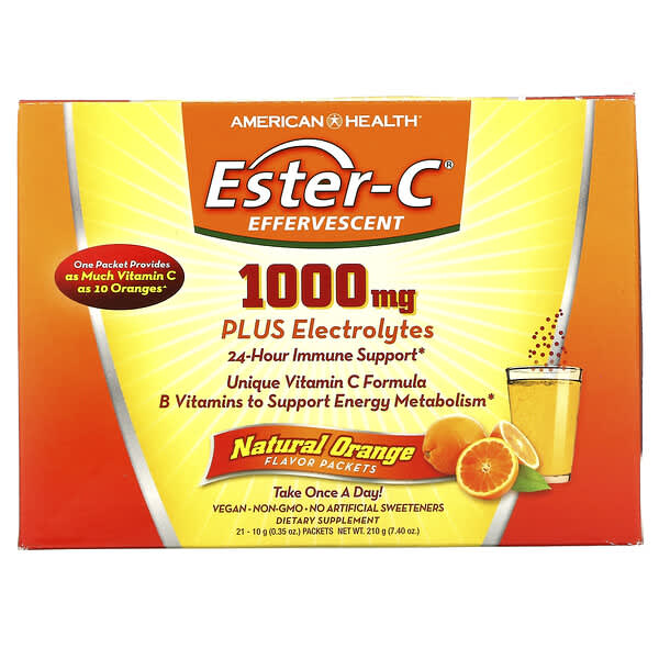 American Health, Ester-C（エスターC）発泡、天然オレンジ味、1,000mg、21袋、各10g（0.35オンス）