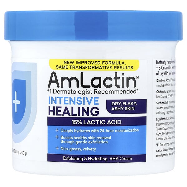 AmLactin, 인텐시브 힐링, 각질 제거 & 보습 AHA 크림, 건조하고 각질이 일어나며 푸석한 피부, 340g(12oz)