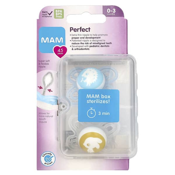 MAM, Perfect Pacifier, perfekter Schnuller, 0–3 Monate, Boy, 2 Stück