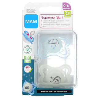 MAM, Ночная пустышка Supreme, для детей 0–6 месяцев, синий / прозрачный, 2 шт.