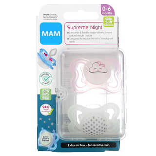 MAM, Supreme Night Pacifier, 0-6 Months, Pink/Clear, 2 Count
