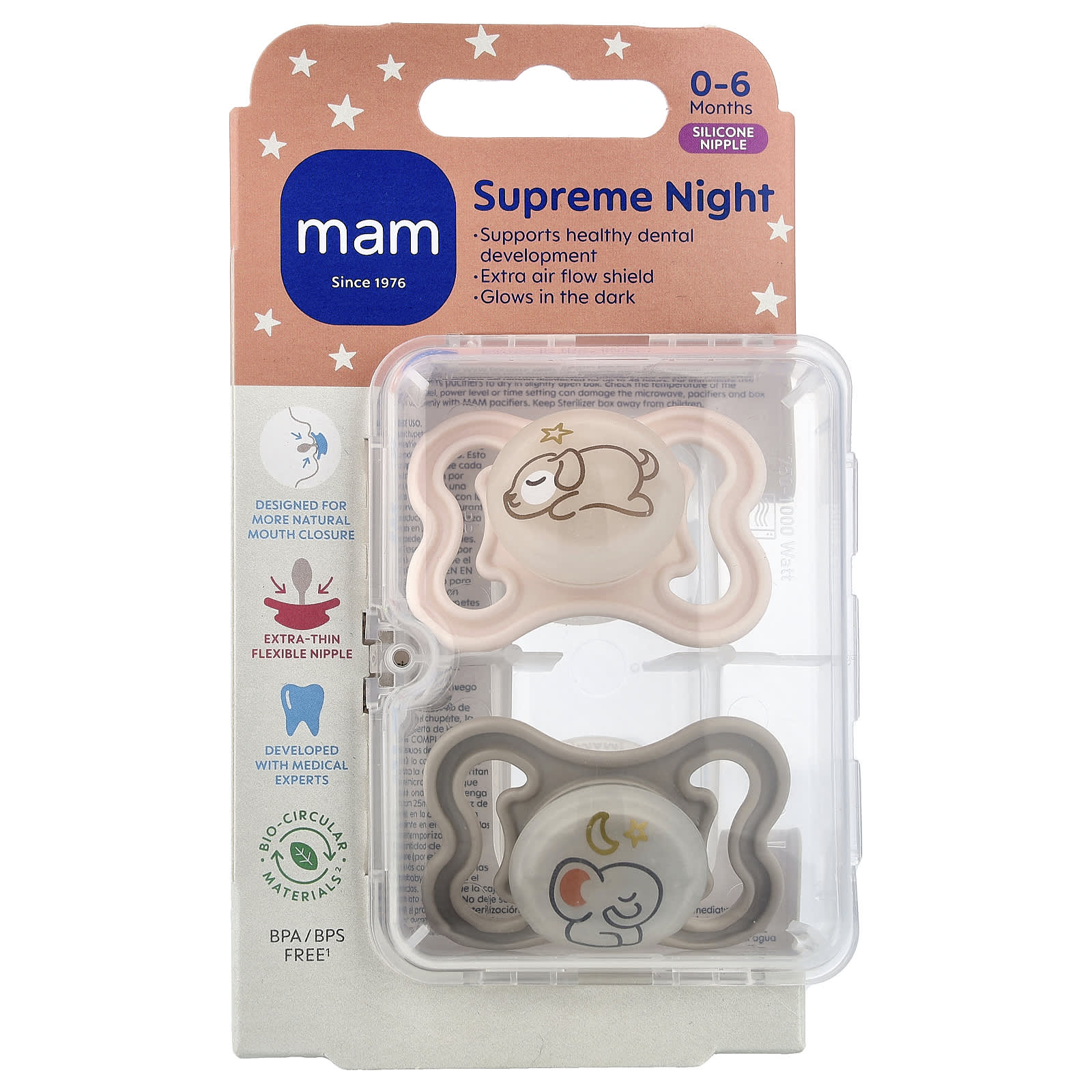 MAM, Supreme Night, ночная пустышка, для детей 0–6 месяцев, розовая и серая, 2 шт.