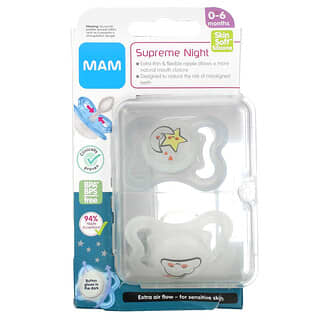 MAM, Supreme Night Pacifier, 0-6 Months, Clear, 2 Count