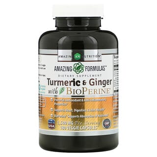 Amazing Nutrition, Curcuma et gingembre avec BioPerine, 750 mg, 180 capsules végétariennes