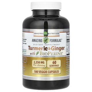 Amazing Nutrition, Cúrcuma y jengibre con BioPerine, 750 mg, 180 cápsulas vegetales