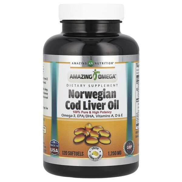 Amazing Nutrition, 挪威鱈魚肝油，檸檬味，1,250 毫克，120 粒軟凝膠