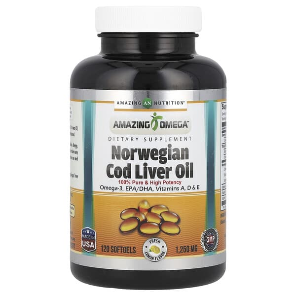 Amazing Nutrition Norwegian Cod Liver Oil, Lemon, 1,250 mg, 120 Softgels