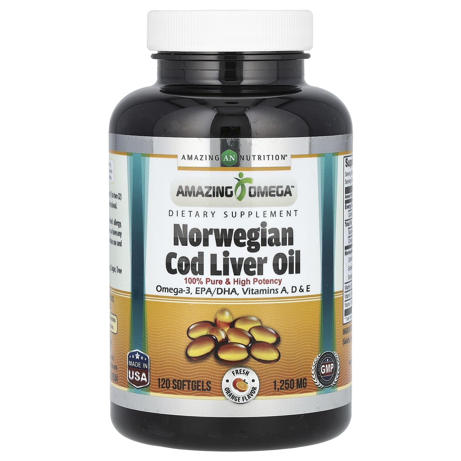 Amazing Nutrition, Norwegian Cod Liver Oil, Fresh Orange, 1,250 mg, 120 ...