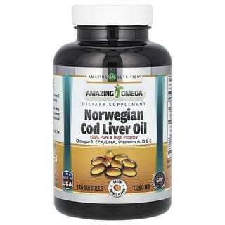 Amazing Nutrition, Óleo de Fígado de Bacalhau Norueguês, Laranja Fresca, 1.250 mg, 120 Cápsulas Softgel