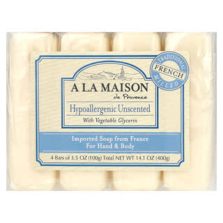 A La Maison de Provence, Barre de savon pour les mains et le corps, Hypoallergénique, Sans parfum, 4 barres, 100 g chacune