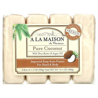 A La Maison de Provence, Hand & Body Bar Soap, Pure Coconut, 4 Bars, 3.5 oz (100 g) Each
