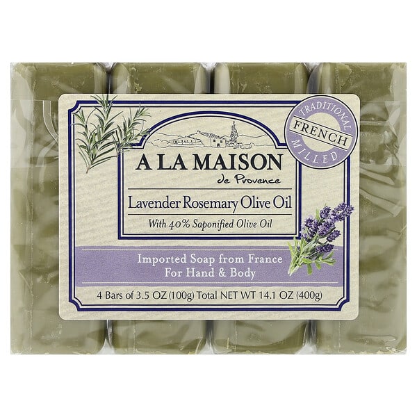 A La Maison de Provence, 핸드 및 바디 고체 비누, 라벤더 로즈메리 올리브 오일, 바 4개, 각 100g(3.5oz)