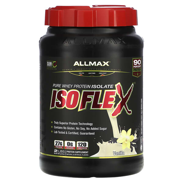 ALLMAX, Isoflex（アイソフレックス）、高純度ホエイプロテインアイソレート（WPIイオン荷電粒子ろ過）、バニラ、907g（2ポンド）