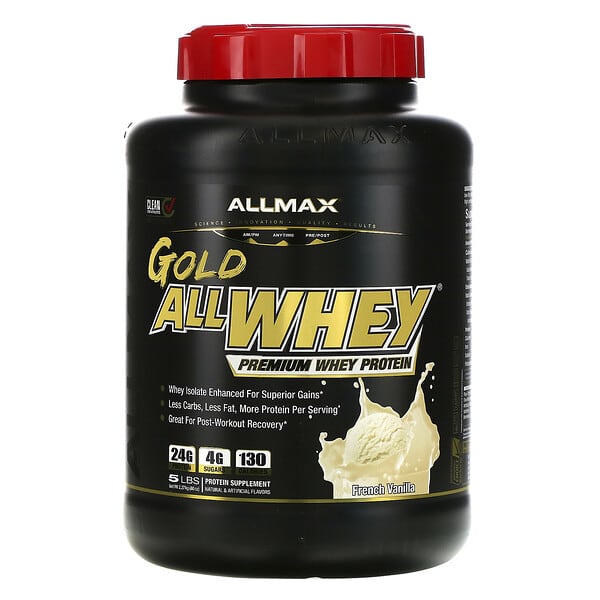 ALLMAX, AllWhey（オールホエイ）ゴールド、100％ホエイタンパク質＋プレミアムホエイプロテインアイソレート、フレンチバニラ、2.27kg（5ポンド）