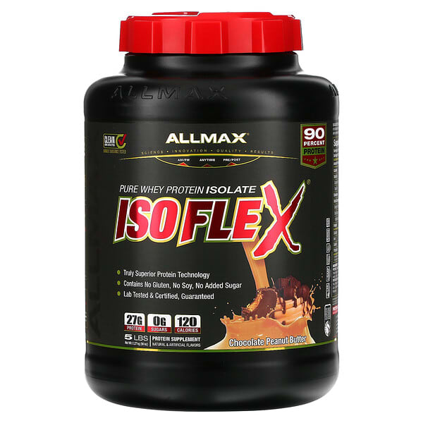 ALLMAX‏, Isoflex، بروتين شرش اللبن المعزول النقي (تنقية الجزيئات المشحونة بالأيونات)، زبدة الفول السوداني بالشيكولاتة، 5 رطل (2.27 كجم)