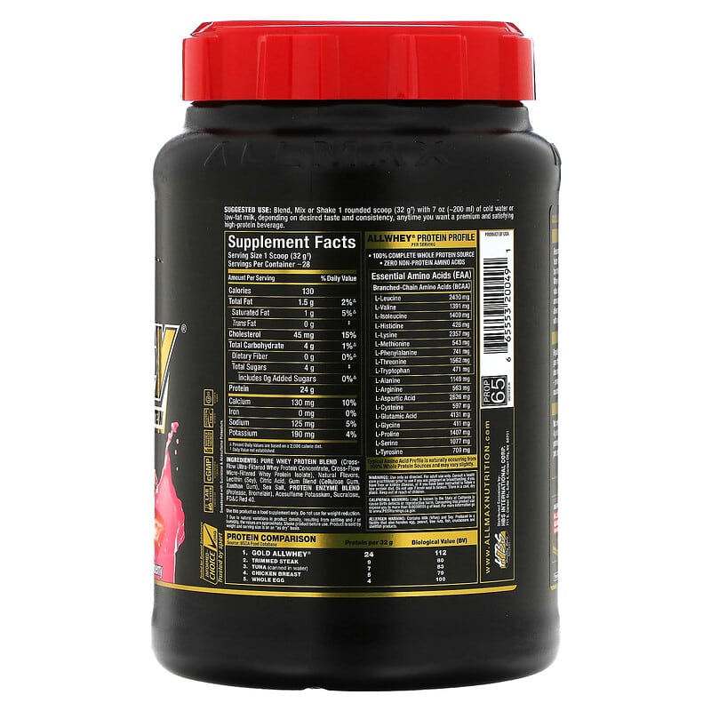 AllWhey（オールホエイ）ゴールド、100％プレミアムホエイタンパク質、ストロベリー、907g（2ポンド）