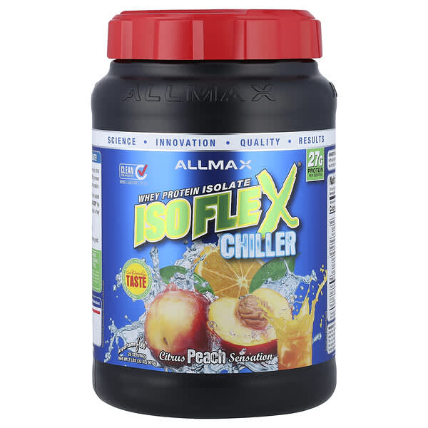 ALLMAX, Isoflex Chiller，全超純乳清分離蛋白（WPI 離子電荷粒子過濾），柑橘桃味，2 磅（907 克）
