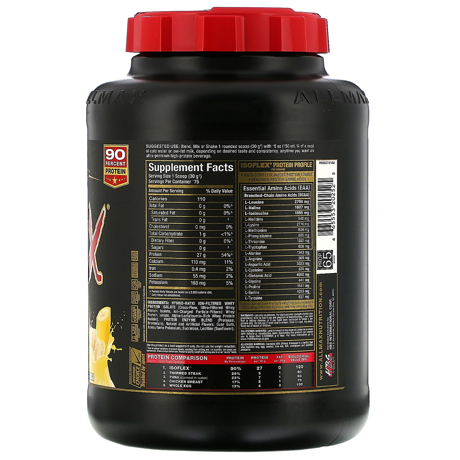 ALLMAX Isoflex Pure Whey Protein Isolate WPI Ion Charged Particle Filtration Banana 5 Lbs