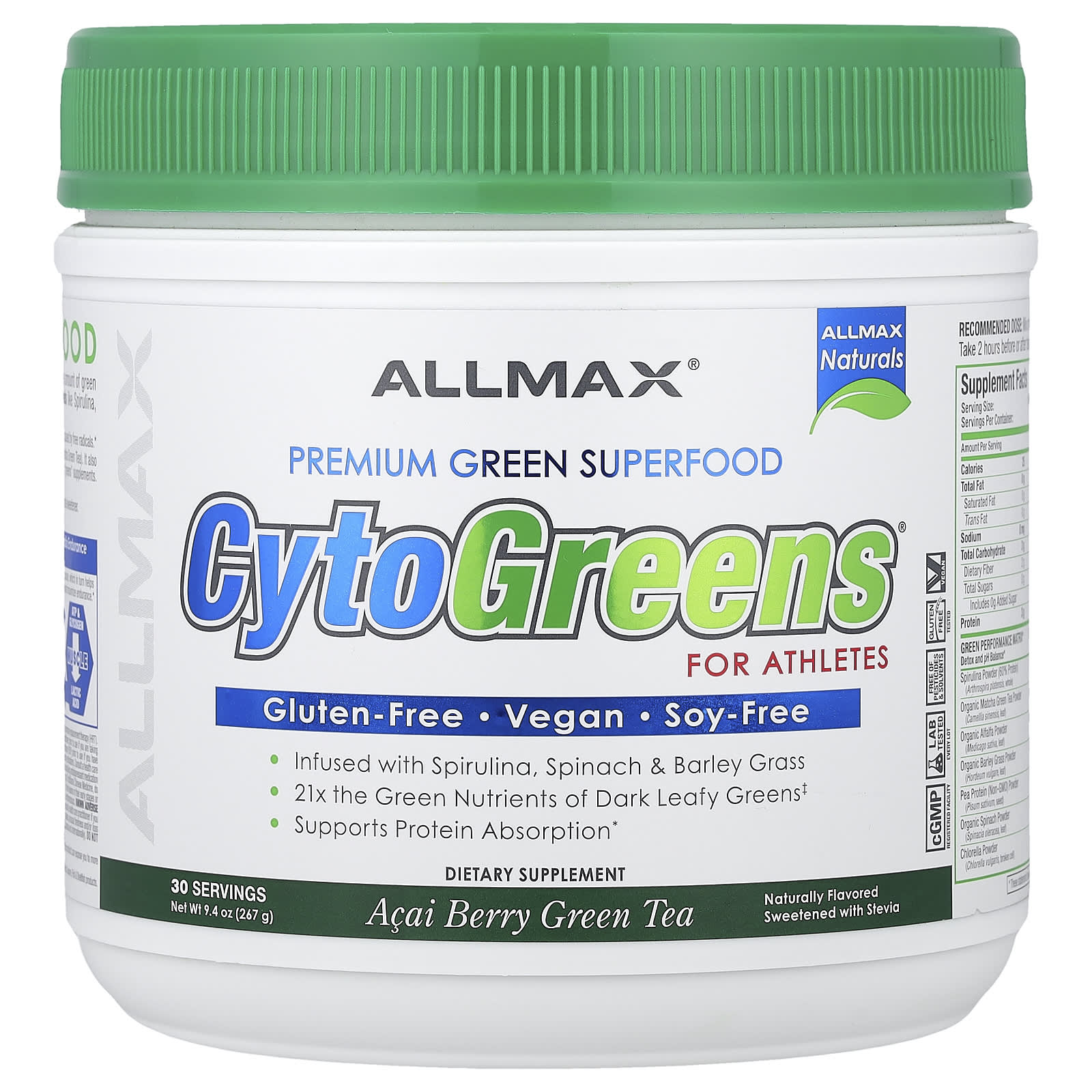 ALLMAX, CytoGreens®, зеленый суперфуд премиального качества для спортсменов, зеленый чай с ягодами асаи, 267 г (9,4 унции)