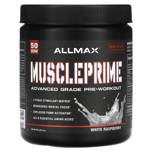 ALLMAX MusclePrime®, Advanced Grade Pre-Workout, White Raspberry, 9.4 oz (266 g) supplement bottle