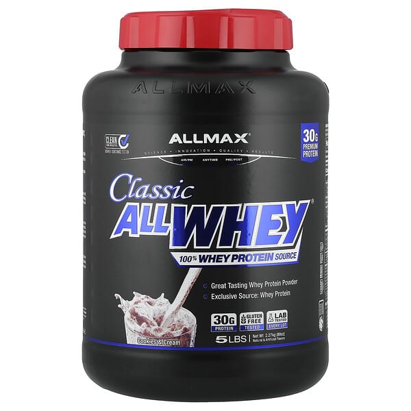 أولماكس‏, CLASSIC ALLWHEY® ، مصدر بروتين مصل اللبن 100٪ ، بسكويت وكريمة ، 5 أرطال. (2.27 كجم)