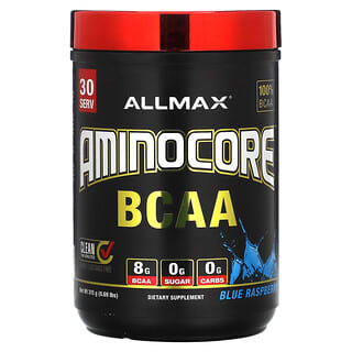 ALLMAX Nutrition, AMINOCORE, BCAA, 8 G de BCAA + 0 azúcar + 0 carbohidratos, Frambuesa azul, 315 g (0,69 lb)