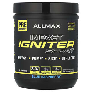 ALLMAX, Impact™ Igniter Sport, Suplemento preentrenamiento, Frambuesa azul, 330 g (11,64 oz)