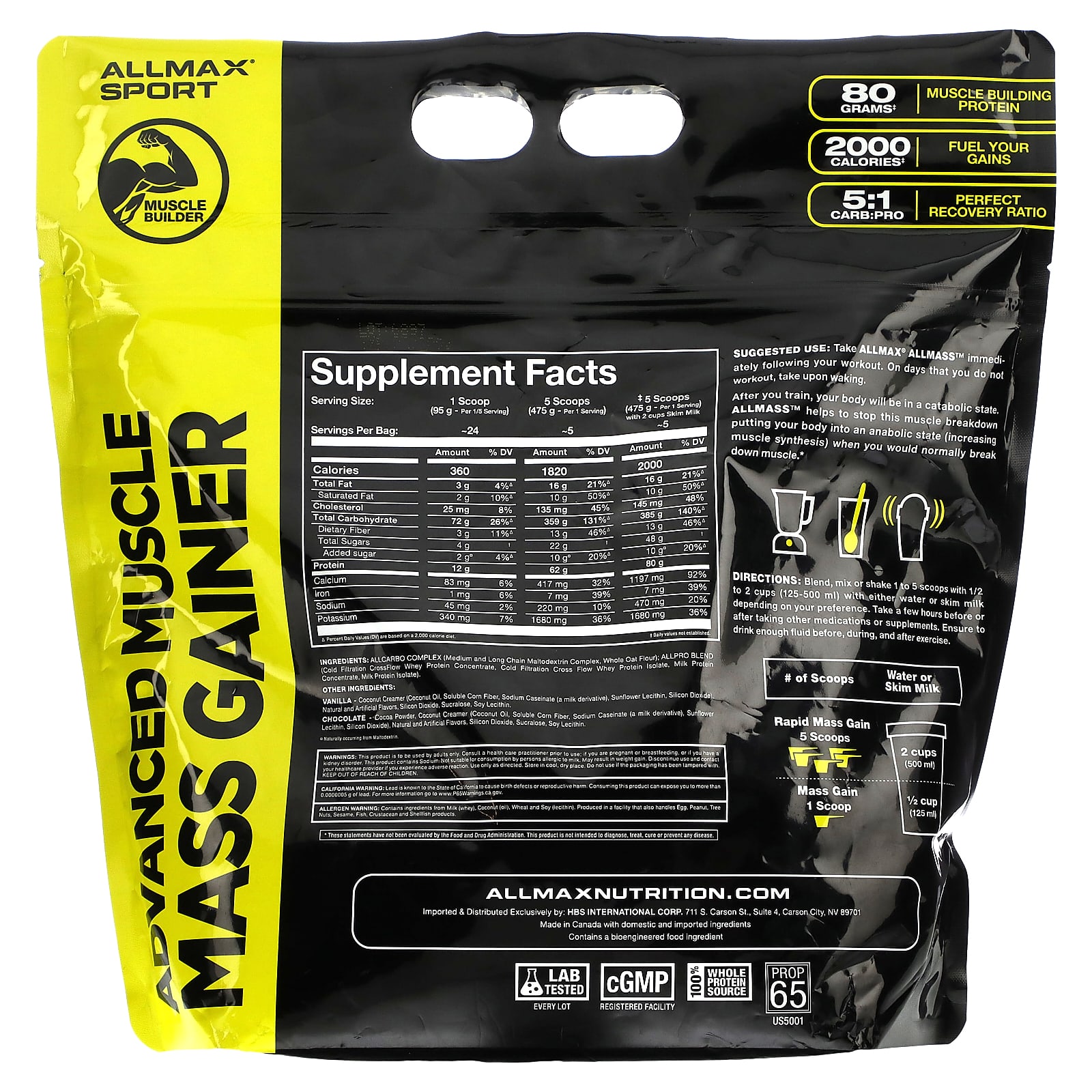 ALLMAX, Sport, All Mass, Advanced Muscle Gainer, Vanilla, 5 lbs, 2.27