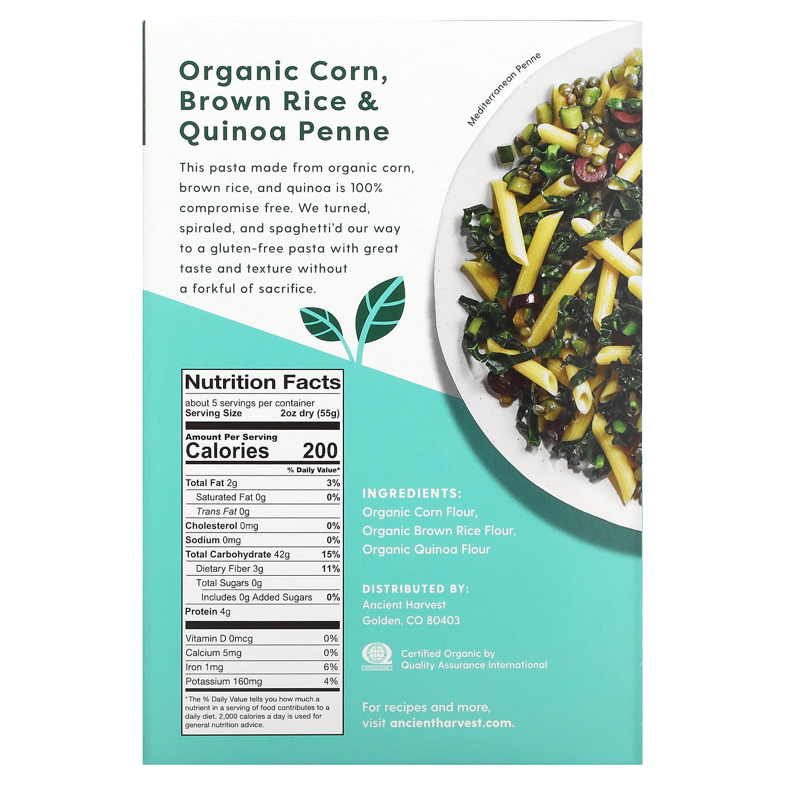 Ancient Harvest, Organic & Gluten Free Pasta, Penne, Corn, Brown Rice