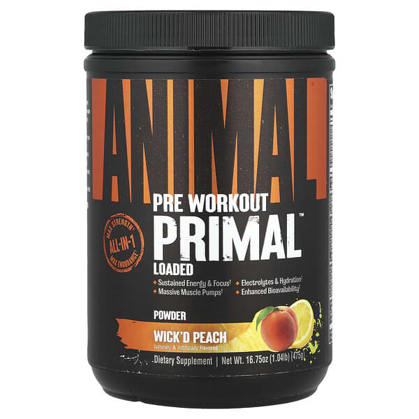 Pre Workout Primal™ Powder, Wick'd Peach, 1.04 lb (475 g)