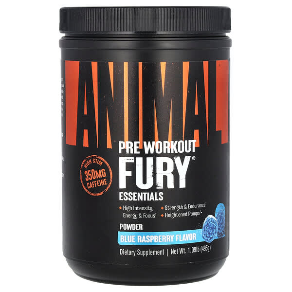 Animal Fury® Essentials, Pre Workout, Blue Raspberry, 1.09 lb (495 g)