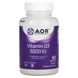 Advanced Orthomolecular Research AOR, Витамин D3, 5000 МЕ, 60 мягких таблеток