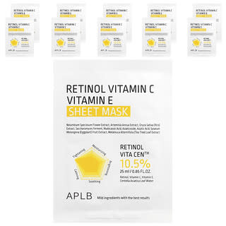 APLB, Beauty, Masque en tissu au rétinol, à la vitamine C et à la vitamine E, 10 masques, 25 ml pièce