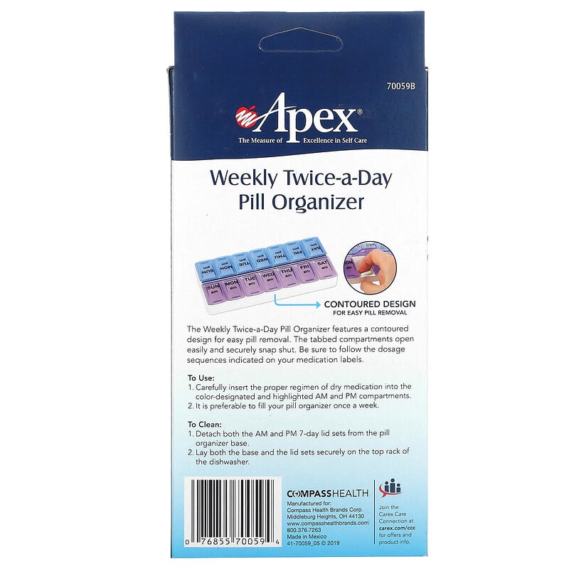 Apex Twice-a-Day Weekly Pill Organizer, Pill Dispenser