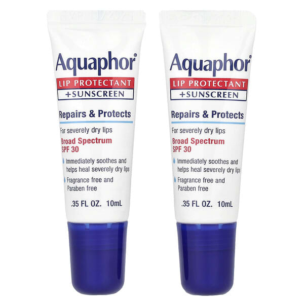 Aquaphor, 입술 보호제 + 자외선 차단제, SPF 30, 향료 무함유, 튜브 2개, 각 10ml(0.35fl oz)