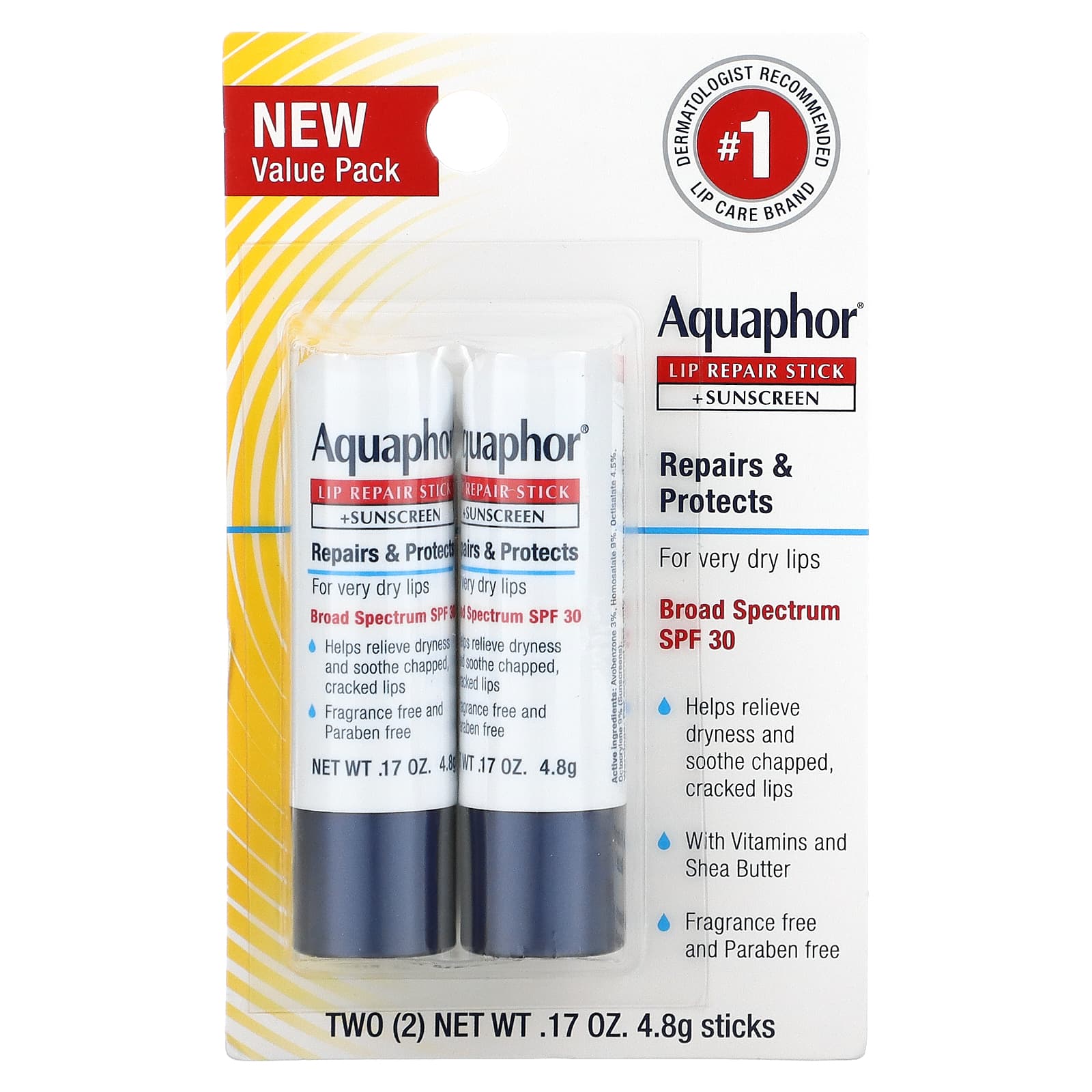 Aquaphor, Lip Repair Stick + Sunscreen, SPF 30, Fragrance Free, Dual
