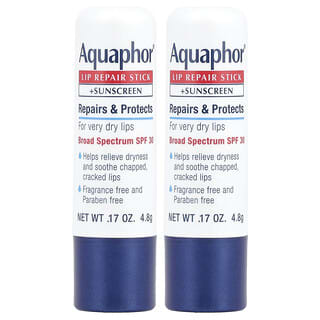 Aquaphor, Възстановяващ стик за устни + слънцезащитен крем, SPF 30, без аромат, двойна опаковка, 2 стика, 0,17 унции (4,8 g) всеки