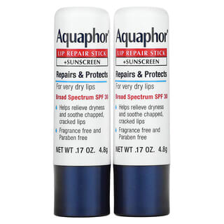 Aquaphor, Восстанавливающий стик для губ + солнцезащитный крем, SPF 30, без отдушек, двойной пакет, 2 стика по 4,8 г (0,17 унции)