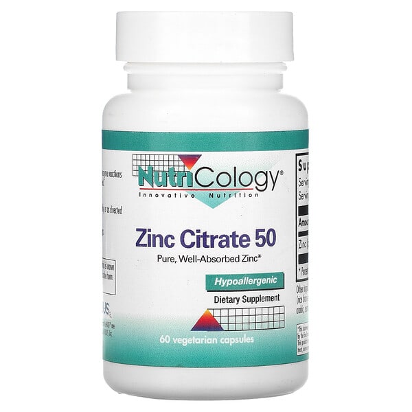 Nutricology, CItrato de zinc 50, 60 cápsulas vegetarianas