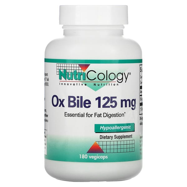Nutricology, Ox Bile, 125 mg, 180 Cápsulas Vegetais