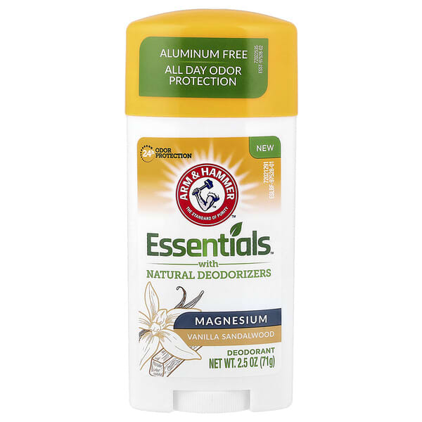 Arm & Hammer, Essentials™, 천연 탈취제, 데오드란트 함유, 마그네슘, 바닐라 샌들우드, 71g(2.5oz)