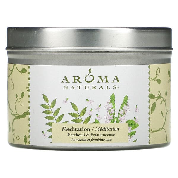Aroma Naturals‏, נר סויה VegePure בפחית לטיולים, מדיטציה, פצ‘ולי ולבונה, 79.38 גרם (2.8 אונקיות)