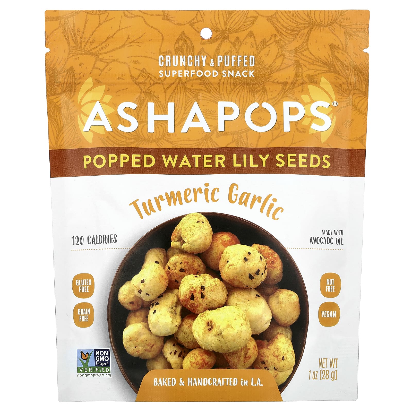 AshaPops, Popped Water Lily Seeds, куркума и чеснок, 28 г (1 унция)