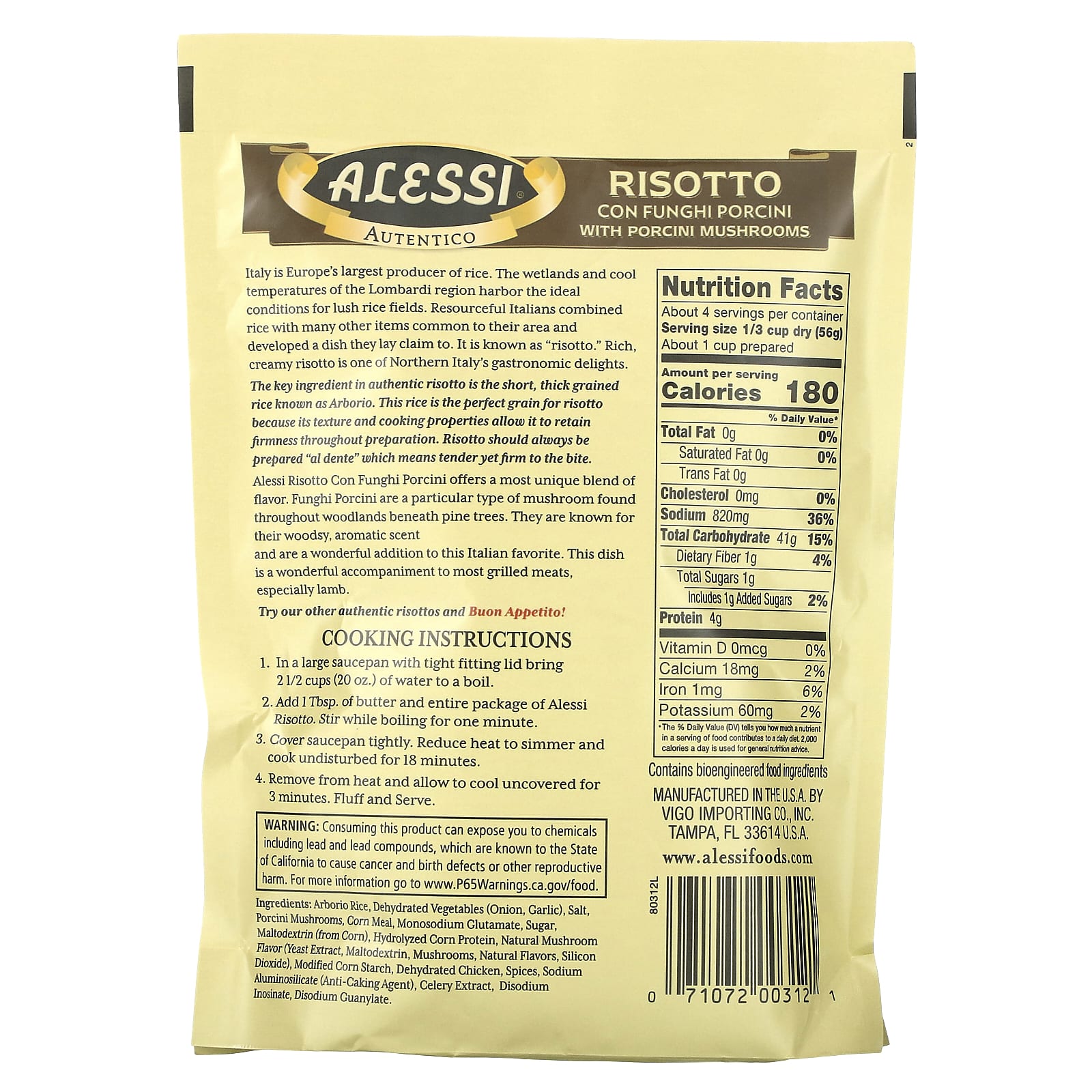 Alessi, Premium Risotto with Porcini Mushrooms and Italian Arborio Rice