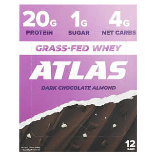 Atlas Bar, Barre de protéines de lactosérum provenant d'animaux nourris à l'herbe, chocolat noir et amande, 12 barres, 54 g pièce