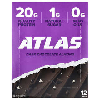 Atlas Bar, Proteinska pločica sirutke od kokoši hranjenih travom, tamna čokolada s okusom badema, 12 pločica, 54 g svaka